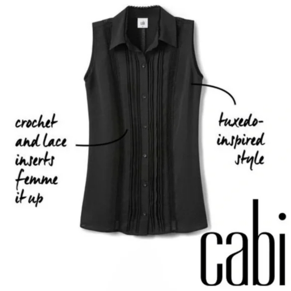 Cabi | ‘Jagger’ Black Tuxedo Pin-Tuck Pleated Button Up Sleeveless Top S - Picture 2 of 7